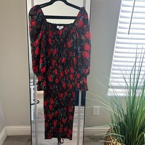 Shirred and stretchy chiffon fabric with an adjustable front drawstring dress